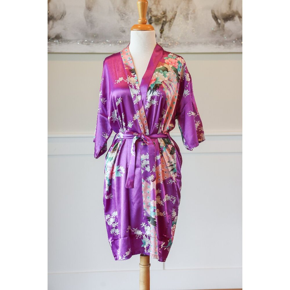 Chinese silk robe, Japanese floral print red short dressing robe, size Medium